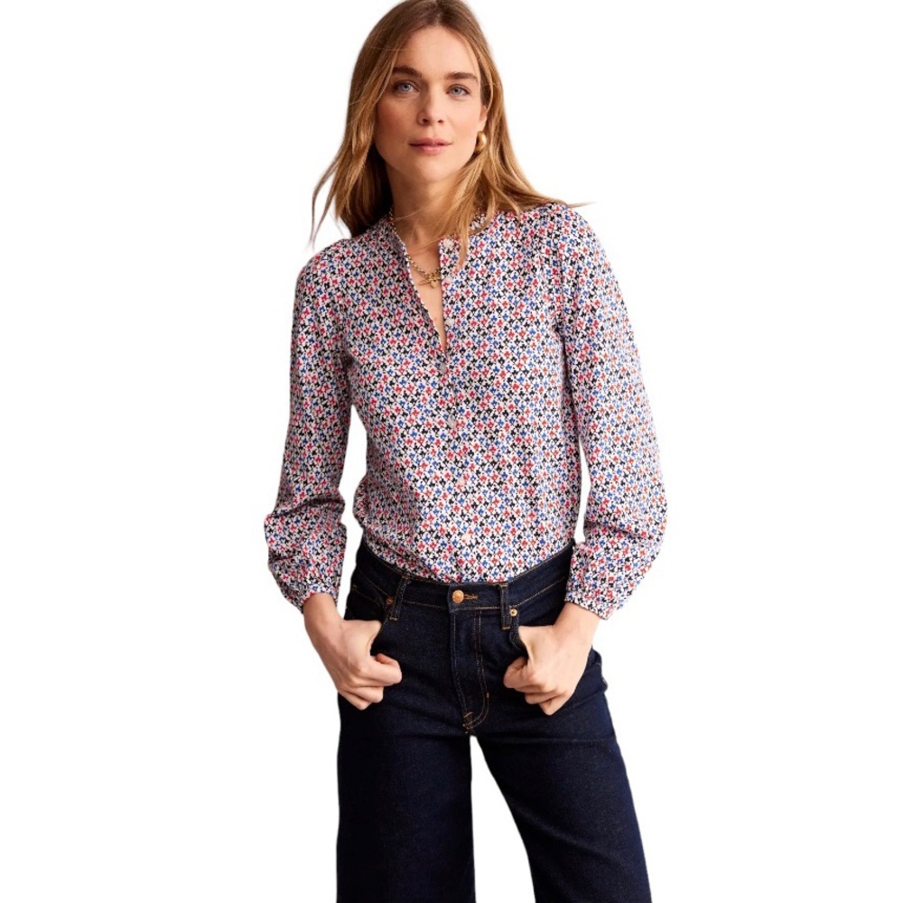 Boden | Blouse UK 16 US 12 White Multi Trellis‎ Bud Cotton Jersey Marina